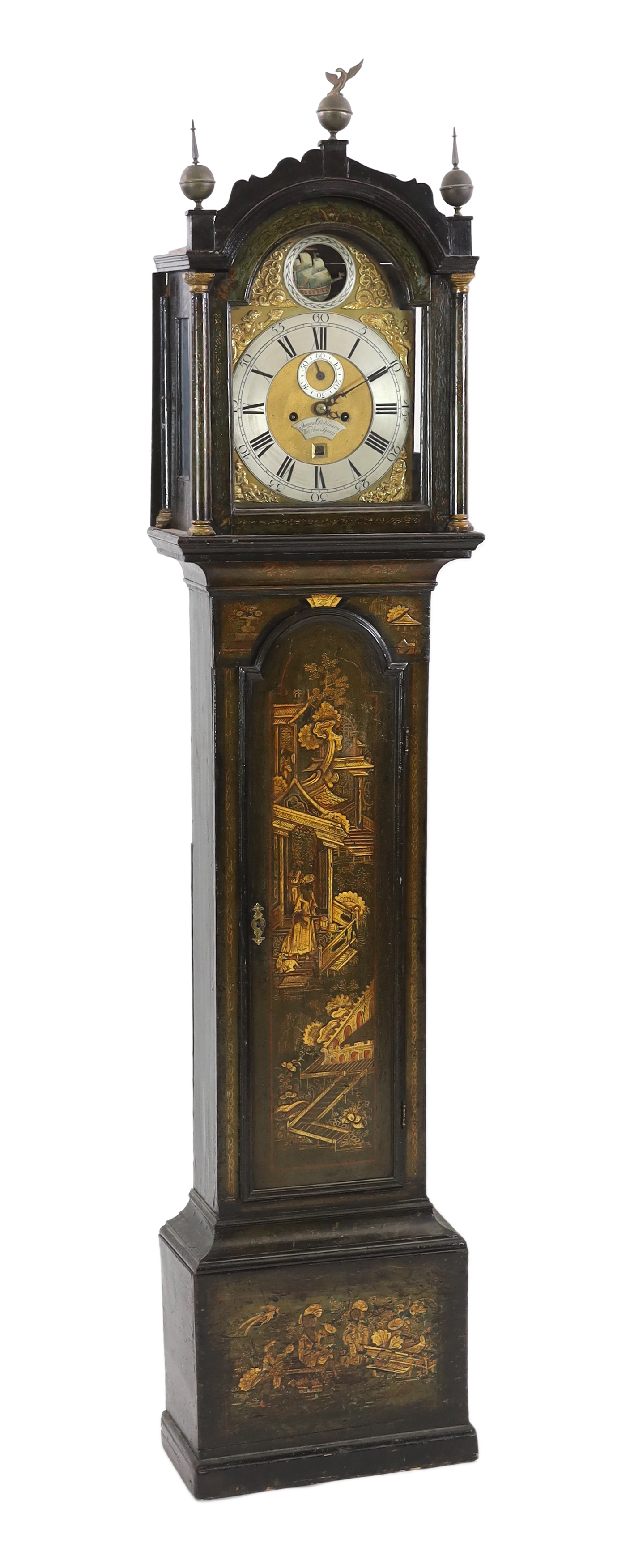 James Robinson of Well Close Square, a George III black japanned eight day longcase clock, the 30cm arched brass dial with ship automaton, figural seasons spandrels, subsidiary seconds and date aperture, the case with ch